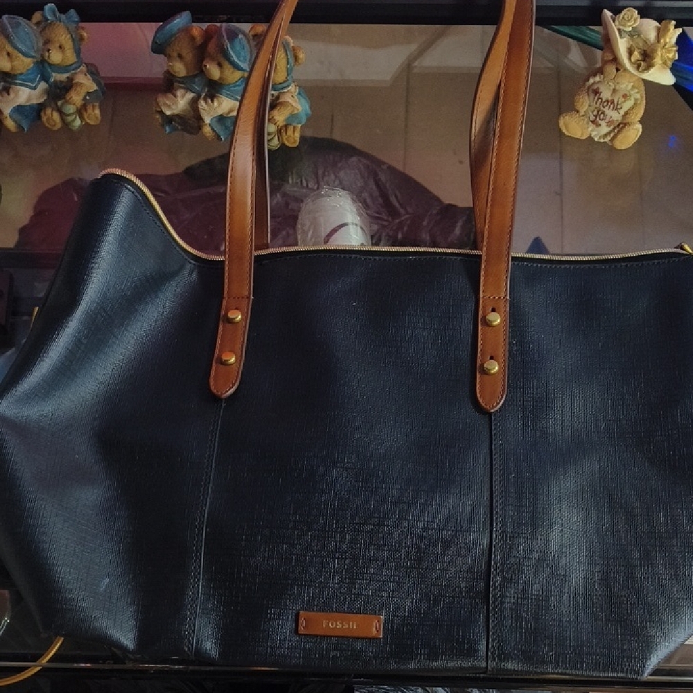 Fossil Black Tote with Brown Straps